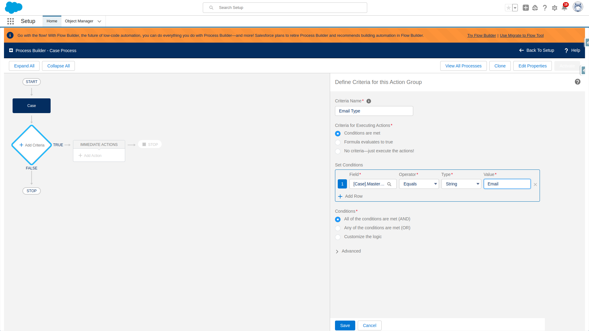 Process Builder showing the record type equals Email